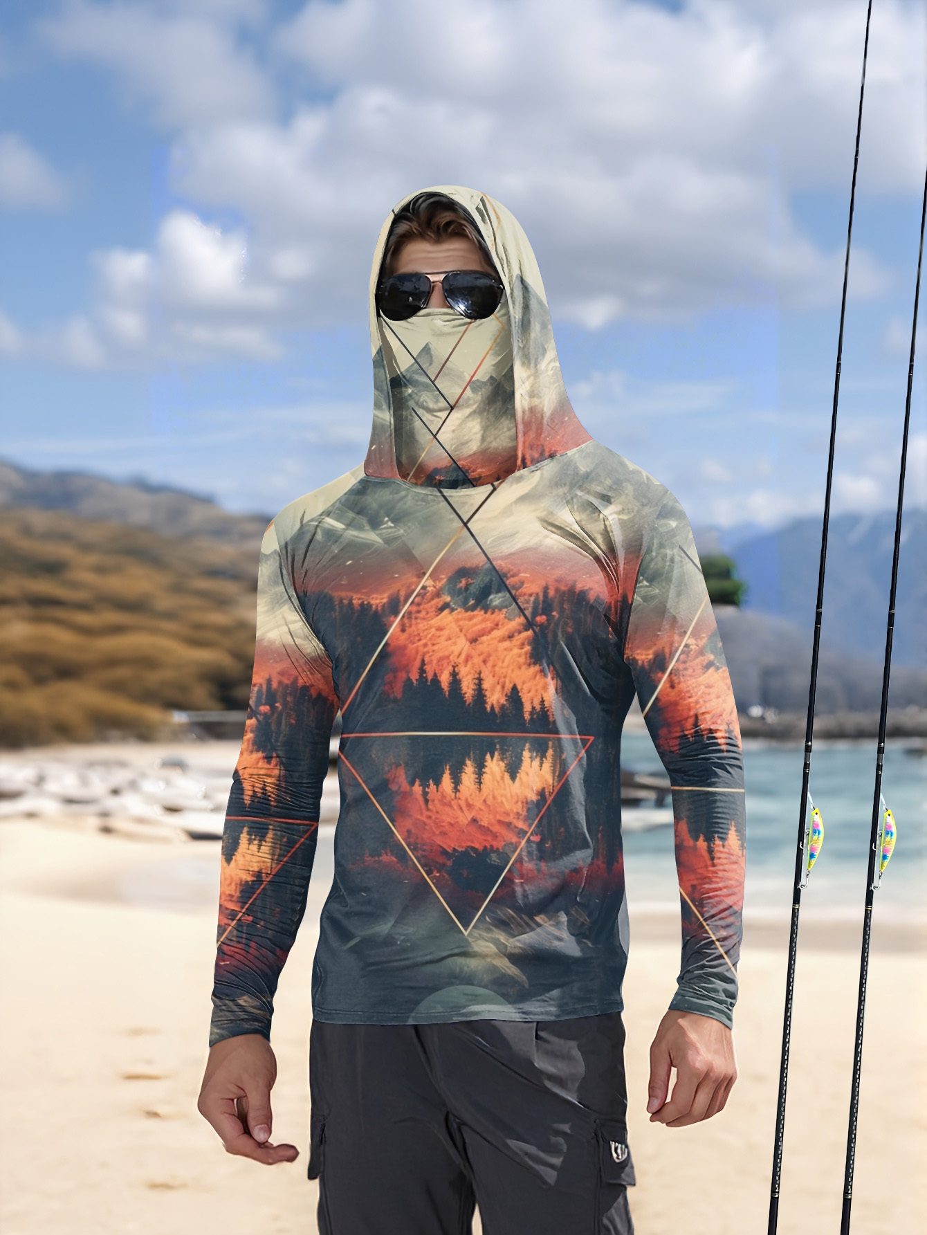 Outdoor Men's Fishing Hoodie B - 3D Printing Mask ulasan dan harga